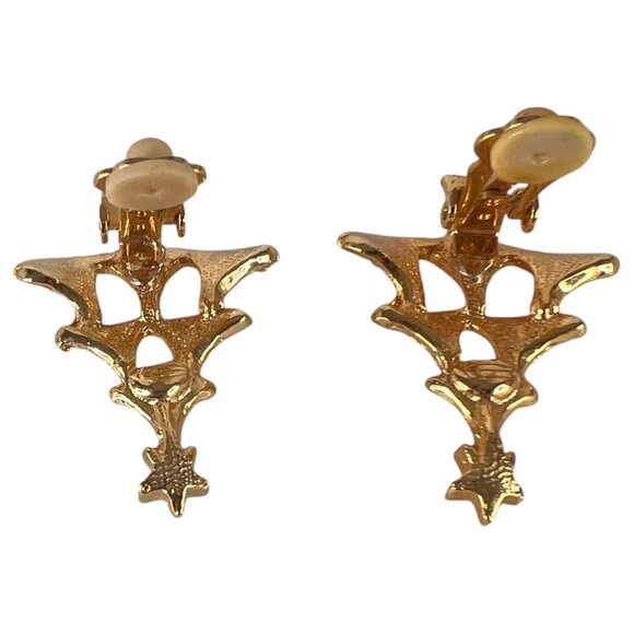 New Vintage Avante Christmas Tree Clip On Earrings Rhinestones Gold Tone Holiday - Picture 4 of 5